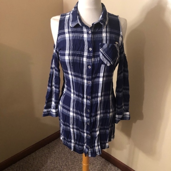 Guess Blue Plaid Button Up Cold Shoulder Shirtdress Sz M - Picture 1 of 8